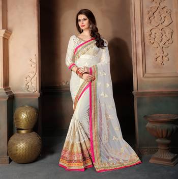 White embroidered net saree with blouse 1
