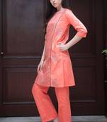 Coral & Grey Printed Kurta With Straight Pants