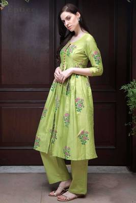 Lime Green Floral Kurta With Straight Pants 1