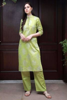 Lime Green Floral Printed Kurta With Straight Pants 4
