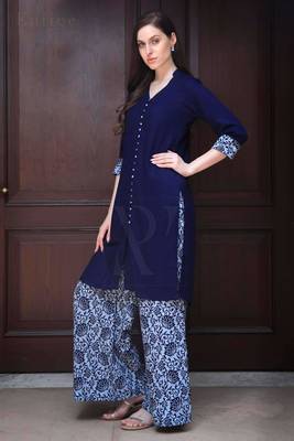 Navy Blue Shirt Style Printed Palazzo Set 1