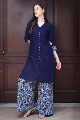 Navy Blue Shirt Style Printed Palazzo Set 4