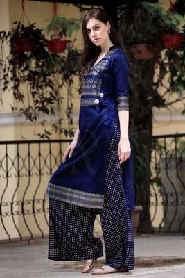 Angrakha Style Navy Blue & Golden Printed Kurta Palazzo Set 1