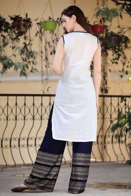 White & Navy Blue Kurta Palazzo Set With Golden Designs 2