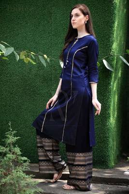 Navy Blue Cotton Kurta With Gold Printed Palazzo 1