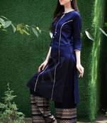 Navy Blue Cotton Kurta With Gold Printed Palazzo