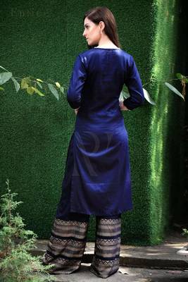 Navy Blue Cotton Kurta With Gold Printed Palazzo 2
