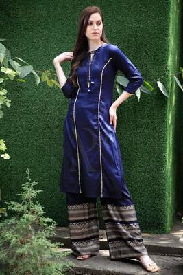 Navy Blue Cotton Kurta With Gold Printed Palazzo 4