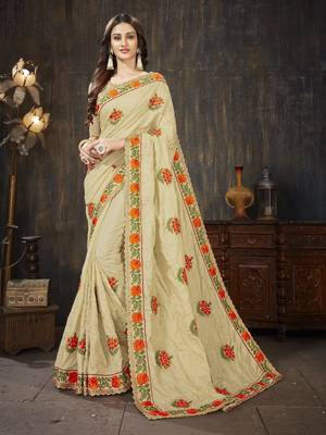 Beige embroidered art silk saree with blouse 1