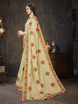 Beige embroidered art silk saree with blouse 2