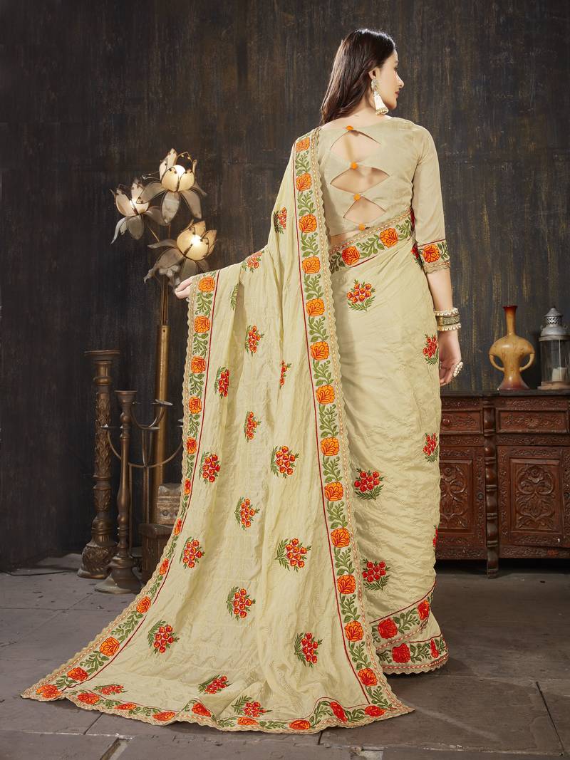 Beige embroidered art silk saree with blouse