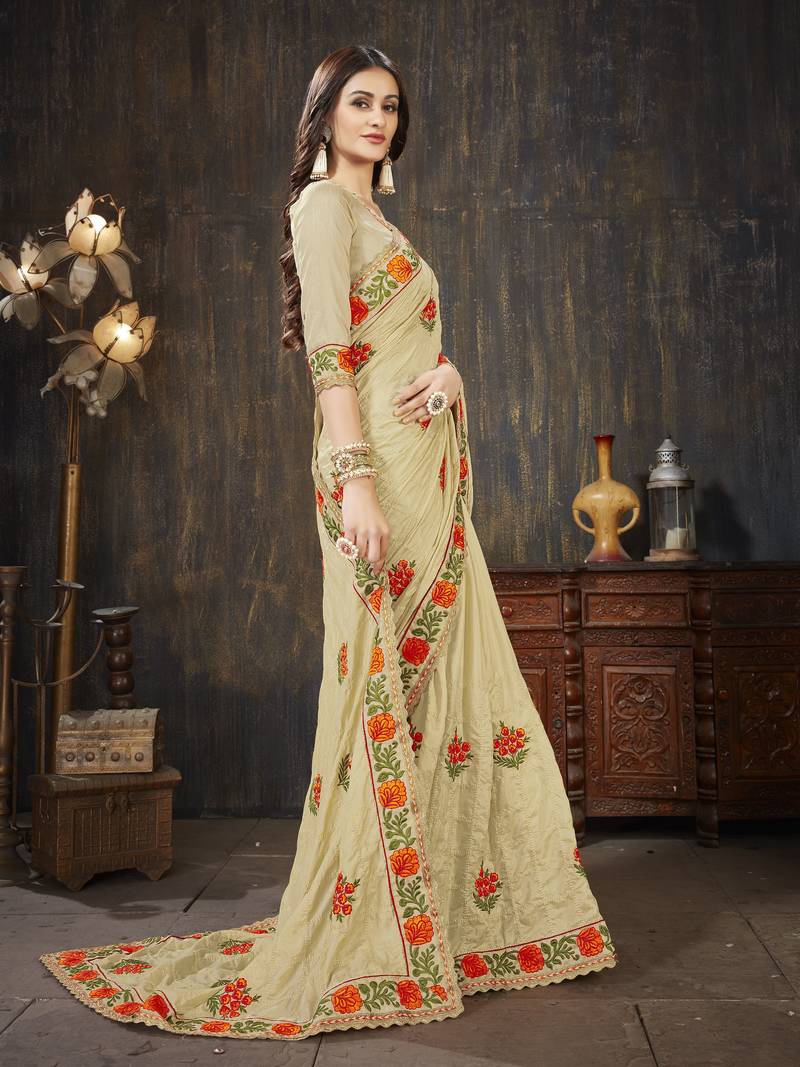 Beige embroidered art silk saree with blouse