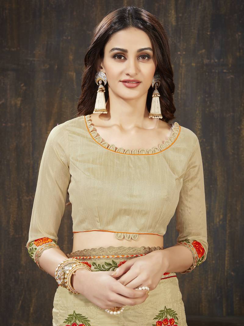Beige embroidered art silk saree with blouse