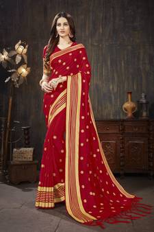 Red embroidered art silk saree with blouse