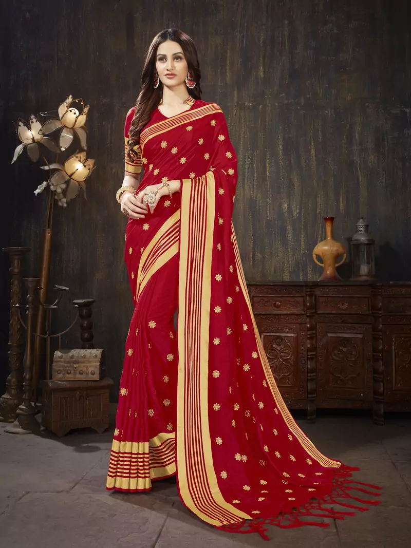 Red embroidered art silk saree with blouse