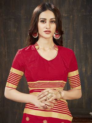 Red embroidered art silk saree with blouse 4