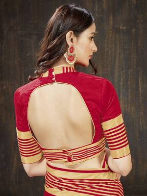 Red embroidered art silk saree with blouse 5