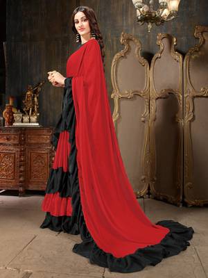 Red plain georgette saree with blouse 2