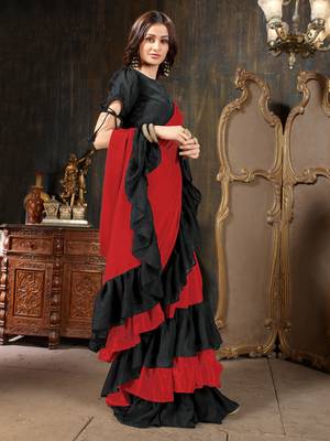 Red plain georgette saree with blouse 3