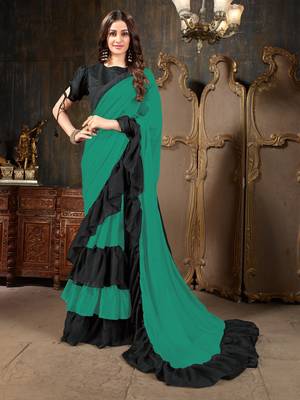 Green plain georgette saree with blouse 1