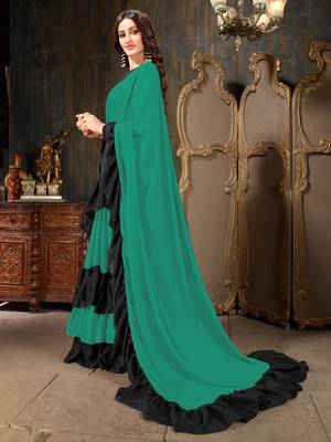 Green plain georgette saree with blouse 2