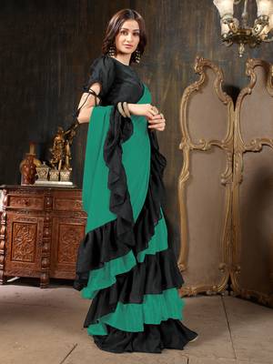 Green plain georgette saree with blouse 3