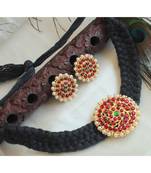 Beautiful Kemp Green Black Thread Designer Temple Necklace Set