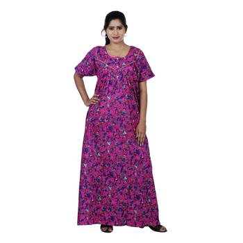 Pink and Multicolour colour Floral Design Printed Round Neck Cotton Nighty For Ladies Nightwear 1