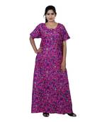 Pink and Multicolour colour Floral Design Printed Round Neck Cotton Nighty For Ladies Nightwear