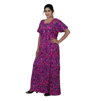 Pink and Multicolour colour Floral Design Printed Round Neck Cotton Nighty For Ladies Nightwear 2