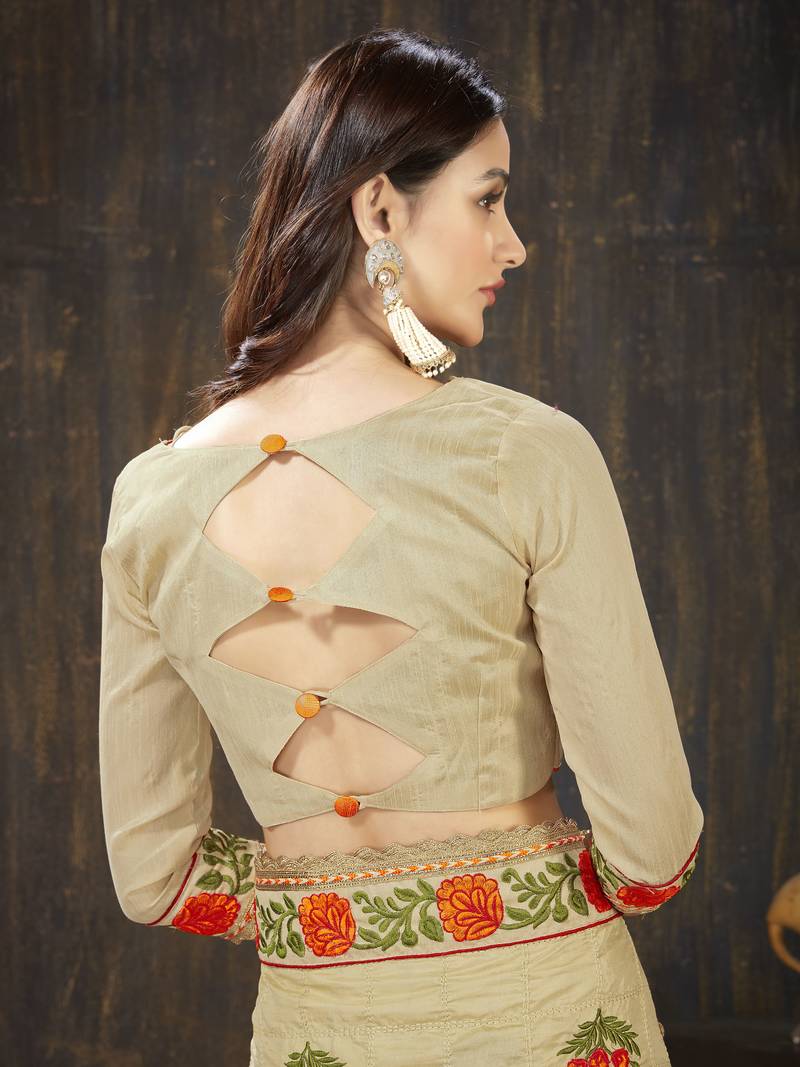 Beige embroidered art silk saree with blouse
