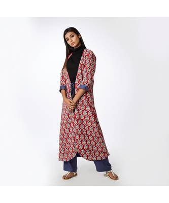 red printed cotton stitched kurta sets 3