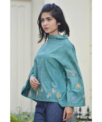 Green High Neck Cactus Khadi Cotton Top 1