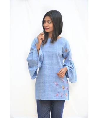 Blue Khadi Cotton Cactus Top with Flared sleeves 1