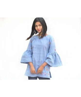 Blue Khadi Cotton Cactus Top with Flared sleeves 2