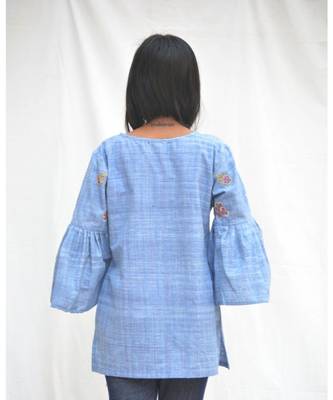 Blue Khadi Cotton Cactus Top with Flared sleeves 3