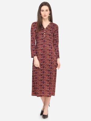 Maroon Rayon Printed Women's Stitched Maxi Dress 1