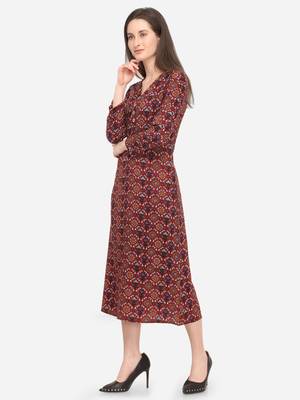 Maroon Rayon Printed Women's Stitched Maxi Dress 3