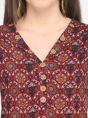 Maroon Rayon Printed Women's Stitched Maxi Dress 4