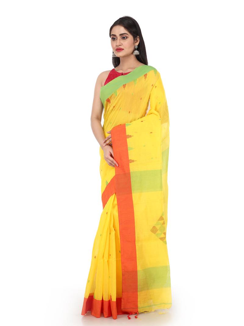 Yellow Handloom Cotton Silk Saree With Blouse