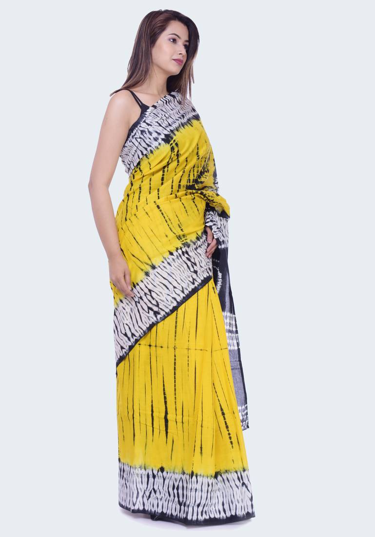 Yellow Shibori Print Cotton saree with blouse