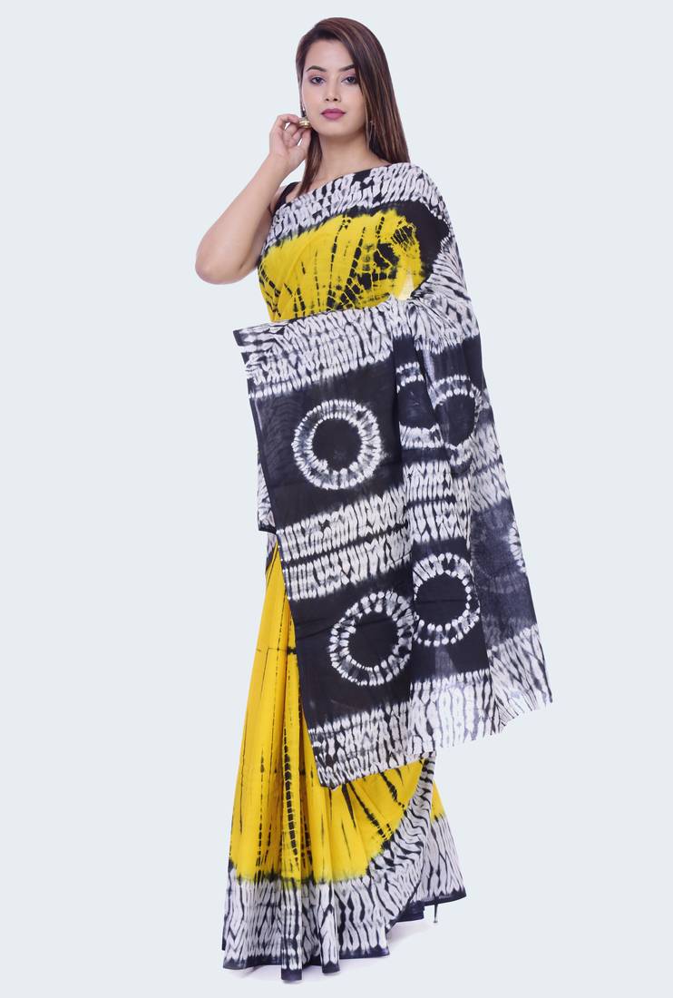 Yellow Shibori Print Cotton saree with blouse