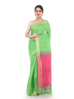 Green Handloom Cotton Silk Saree With Blouse 1
