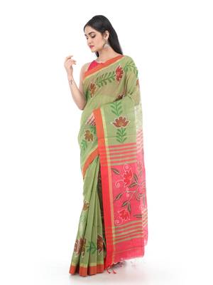 Green Handloom Cotton saree with blouse 1