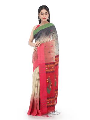 Beige Handloom Cotton saree with blouse 1
