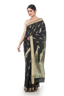 Black Handloom Cotton Silk Saree With Blouse