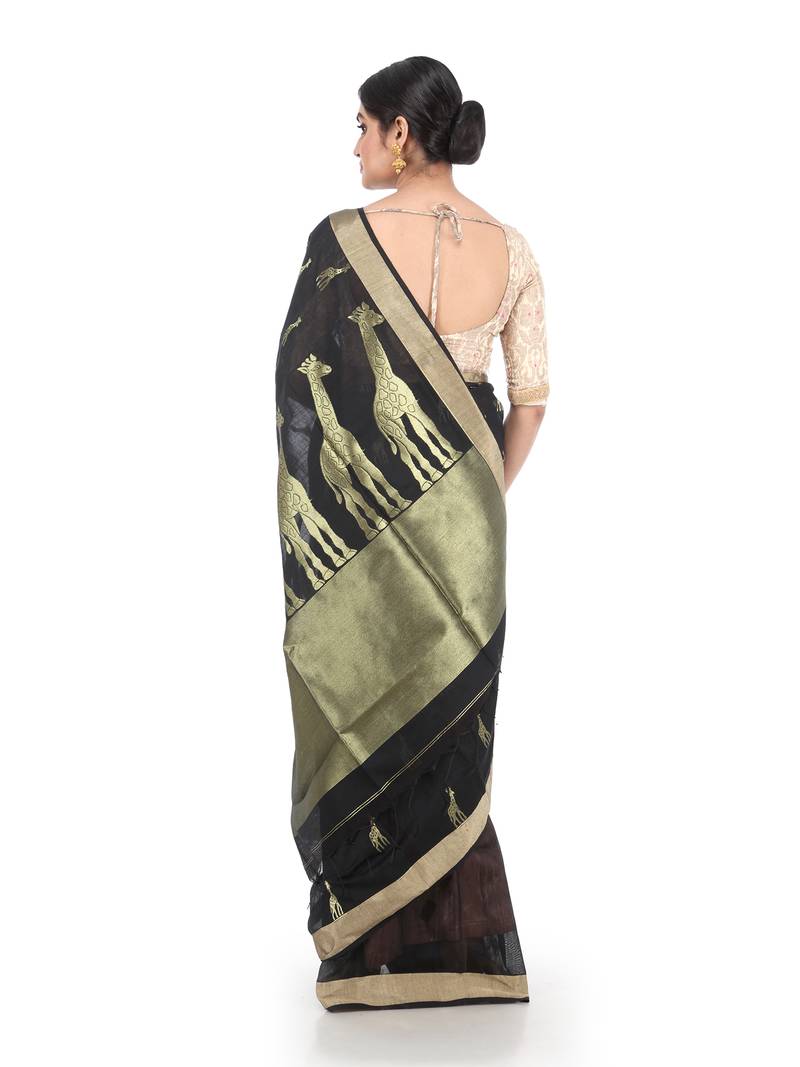 Black Handloom Cotton Silk Saree With Blouse