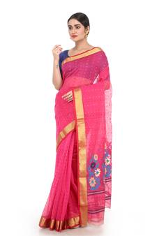 Pink Handloom Cotton Silk Saree With Blouse