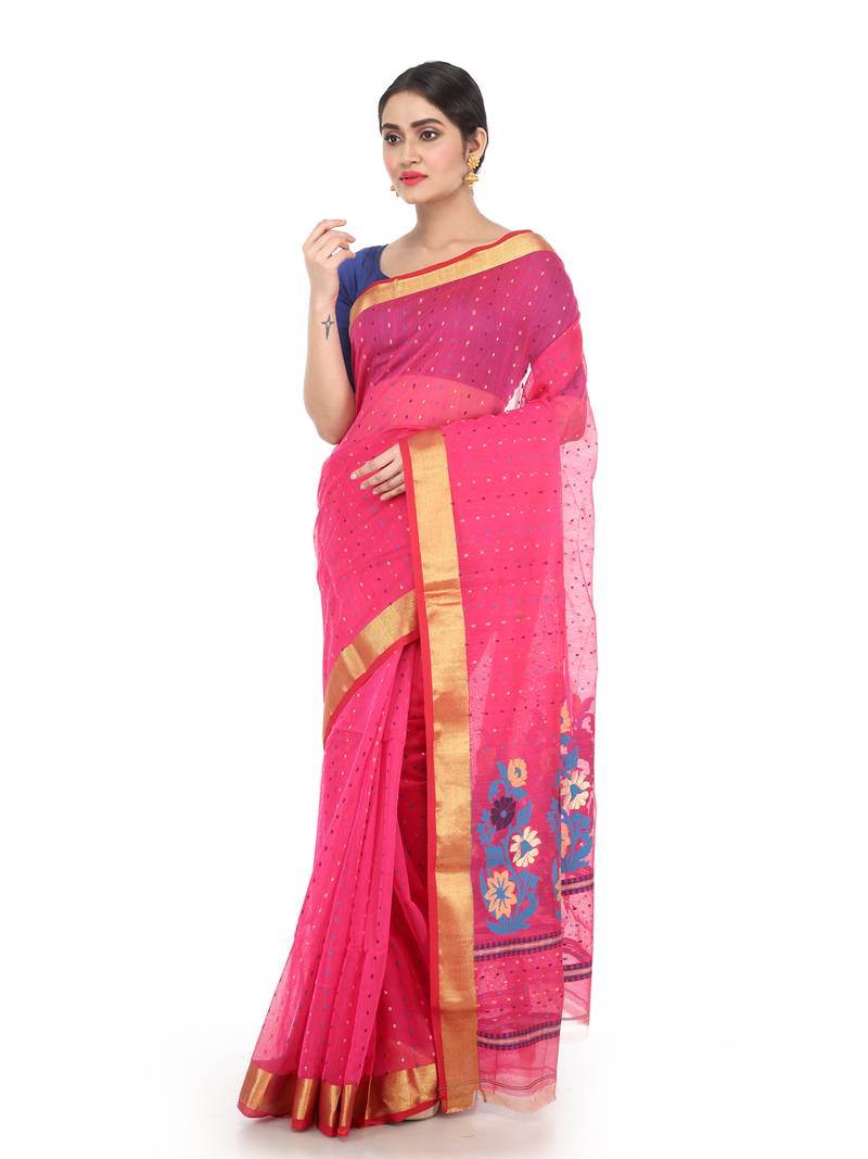 Pink Handloom Cotton Silk Saree With Blouse