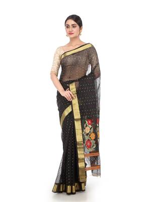 Black Handloom Cotton Silk saree with blouse 1